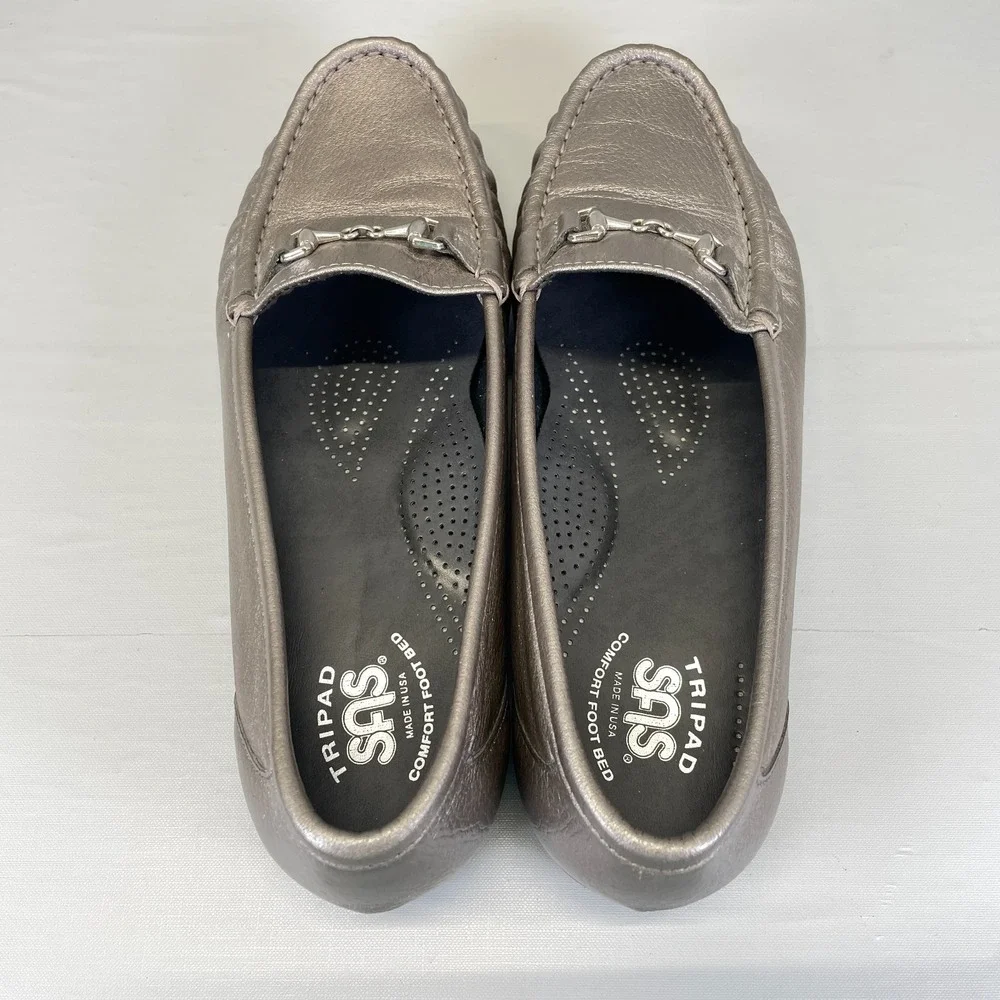 SAS Metro Horsebit Loafers Womens Size 9.5 M Gray Silver Leather Tripad Shoes